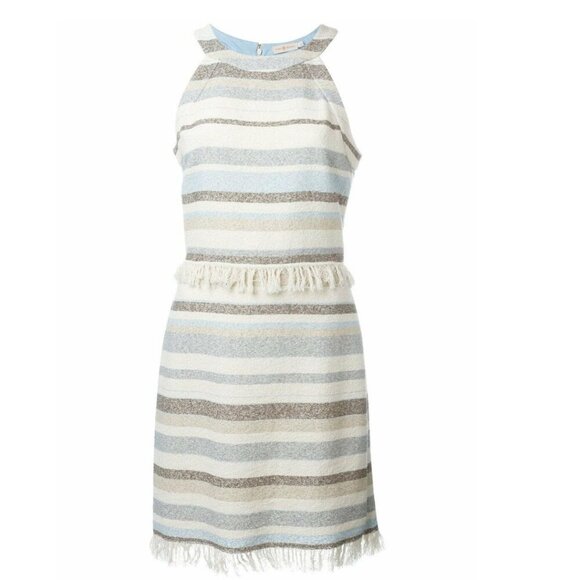 Tory Burch Mini Fringed Boho Dress 10 Ivory Sleeveless Cotton Sheath Stripe - Picture 14 of 14